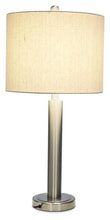 Load image into Gallery viewer, Home &amp; Giftware Contemporary Tall Metal Table Lamp with Oatmeal Linen Shade - Brush Nickel Finish | Lighting | app store dev @@ABC ///[option4] 十月五日 11:53 
